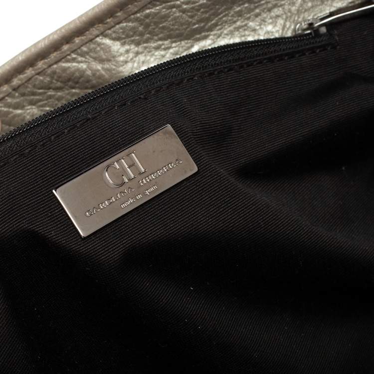 Pre Owned Carolina Herrera Metallic Grey Monogram Embossed Leather Chain Hobo