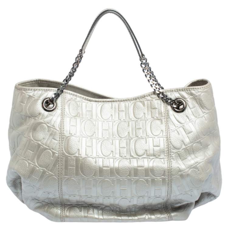 Pre Owned Carolina Herrera Metallic Grey Monogram Embossed Leather Chain Hobo