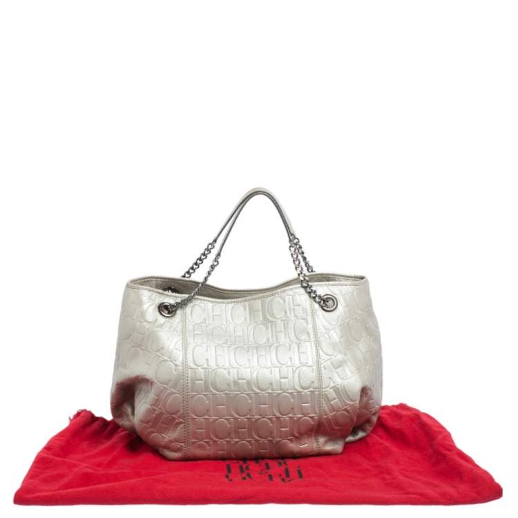 Pre Owned Carolina Herrera Metallic Grey Monogram Embossed Leather Chain Hobo