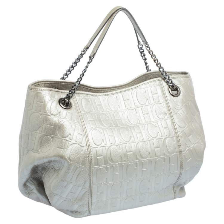 Pre Owned Carolina Herrera Metallic Grey Monogram Embossed Leather Chain Hobo