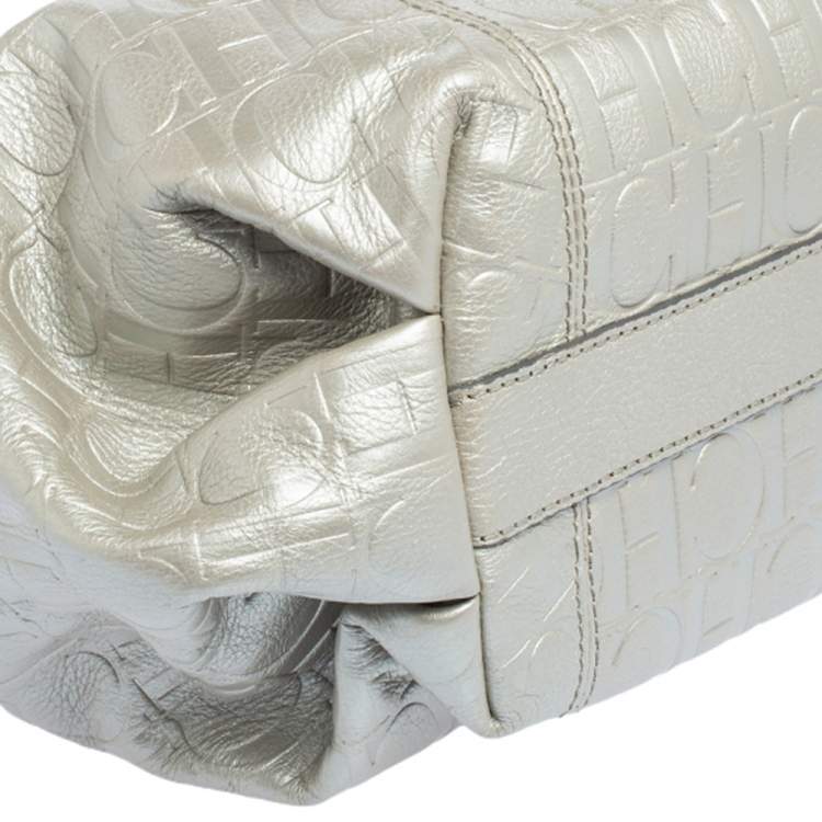 Pre Owned Carolina Herrera Metallic Grey Monogram Embossed Leather Chain Hobo