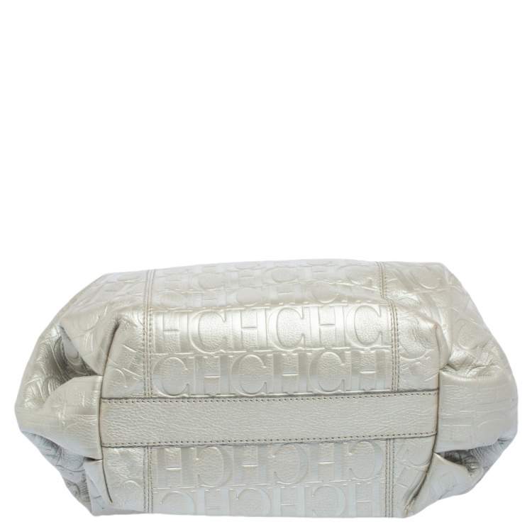 Pre Owned Carolina Herrera Metallic Grey Monogram Embossed Leather Chain Hobo