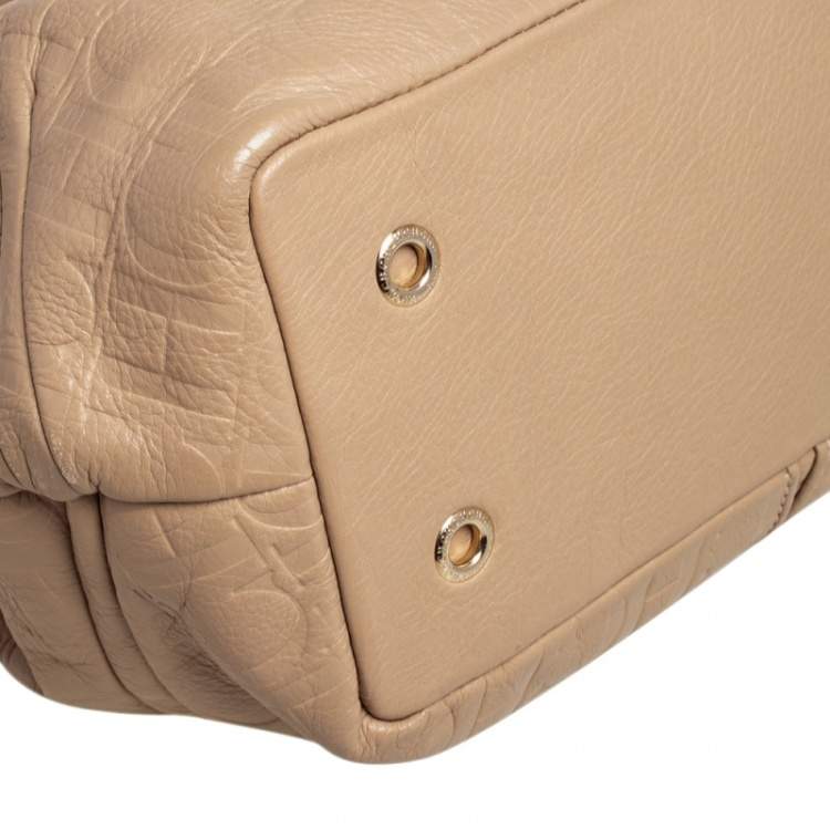 Pre Owned Carolina Herrera Beige Monogram Embossed Leather Drawstring Tote