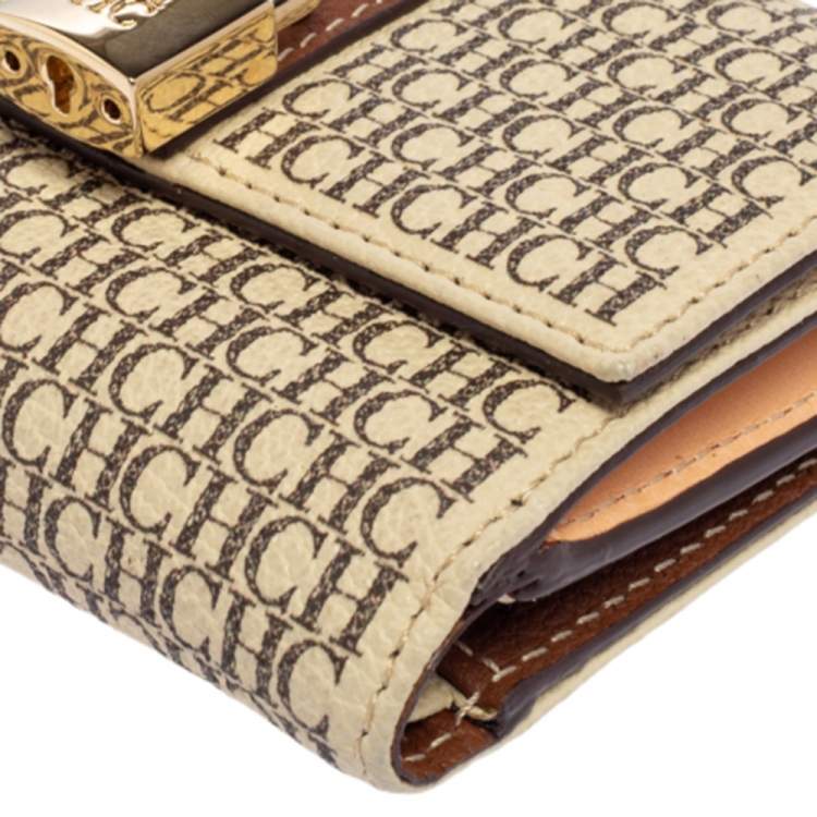 Pre Owned Carolina Herrera Beige/Brown Monogram Coated Canvas Flap Compact Wallet