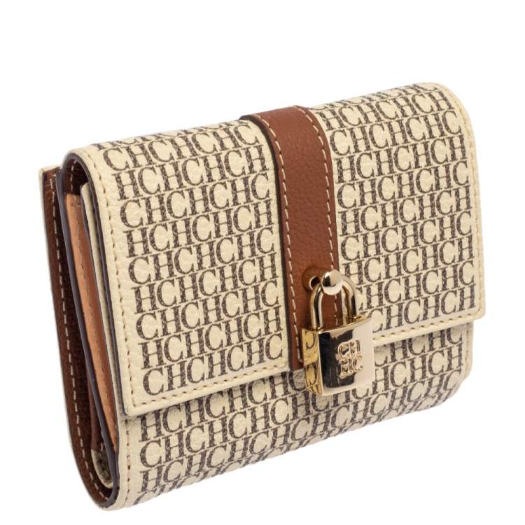 Pre Owned Carolina Herrera Beige/Brown Monogram Coated Canvas Flap Compact Wallet