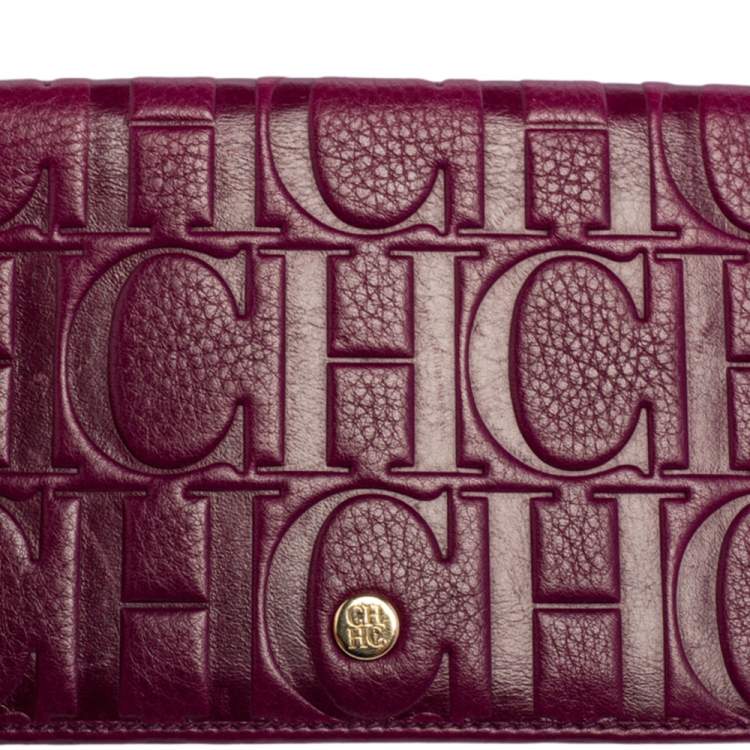 Pre Owned Carolina Herrera Purple Monogram Embossed Leather Bifold Wallet Organizer  