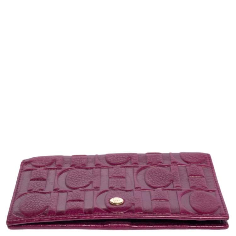 Pre Owned Carolina Herrera Purple Monogram Embossed Leather Bifold Wallet Organizer  