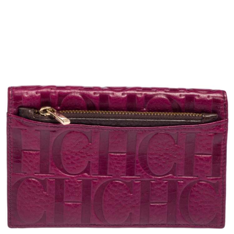 Pre Owned Carolina Herrera Purple Monogram Embossed Leather Bifold Wallet Organizer  