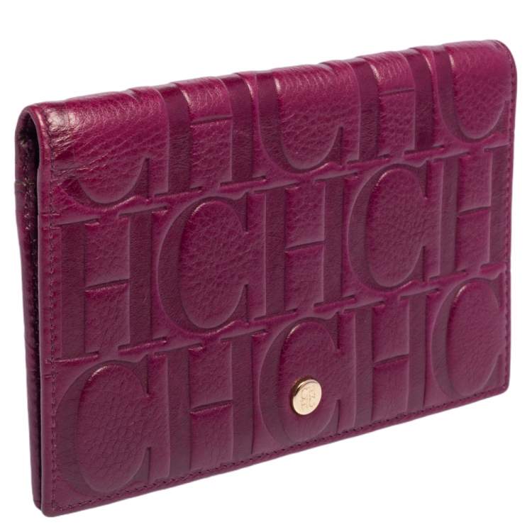 Pre Owned Carolina Herrera Purple Monogram Embossed Leather Bifold Wallet Organizer  