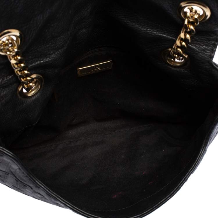 Pre Owned Carolina Herrera Black Embossed Leather Bow Flap Shoulder Bag