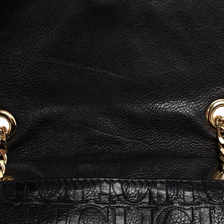 Pre Owned Carolina Herrera Black Embossed Leather Bow Flap Shoulder Bag