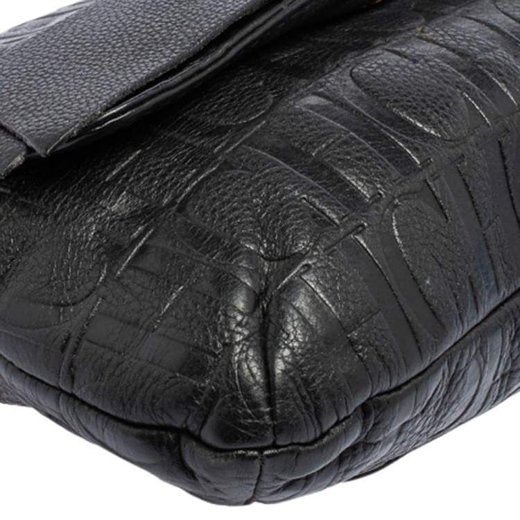 Pre Owned Carolina Herrera Black Embossed Leather Bow Flap Shoulder Bag