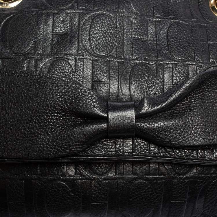 Pre Owned Carolina Herrera Black Embossed Leather Bow Flap Shoulder Bag