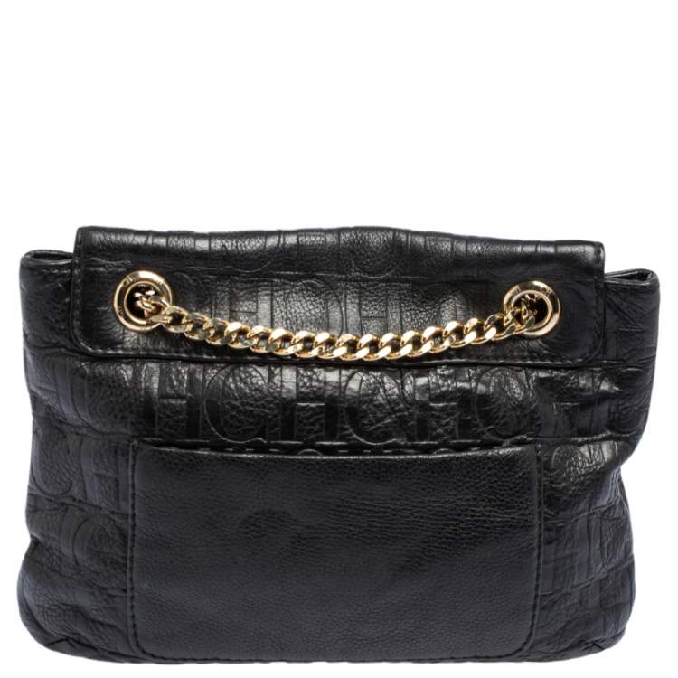 Pre Owned Carolina Herrera Black Embossed Leather Bow Flap Shoulder Bag