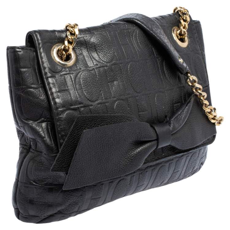 Pre Owned Carolina Herrera Black Embossed Leather Bow Flap Shoulder Bag