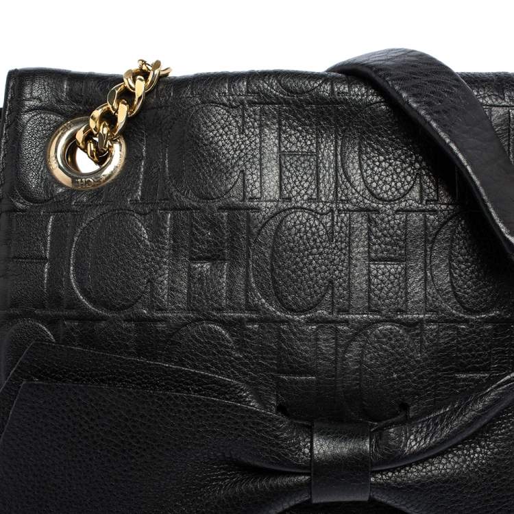 Pre Owned Carolina Herrera Black Embossed Leather Bow Flap Shoulder Bag