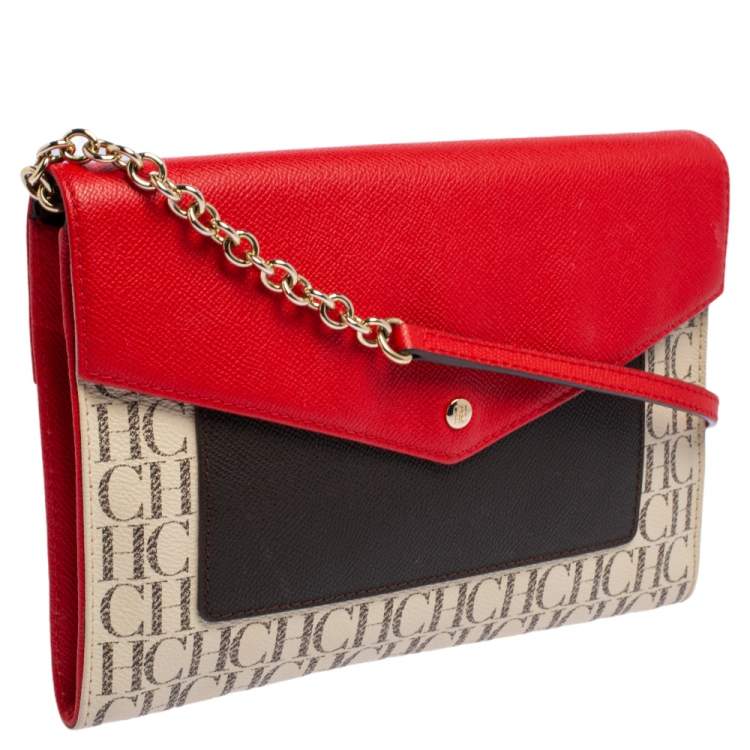 Pre Owned CH Carolina Herrera Red Signature Coated Canvas and Leather Envelope Flap Shoulder Bag