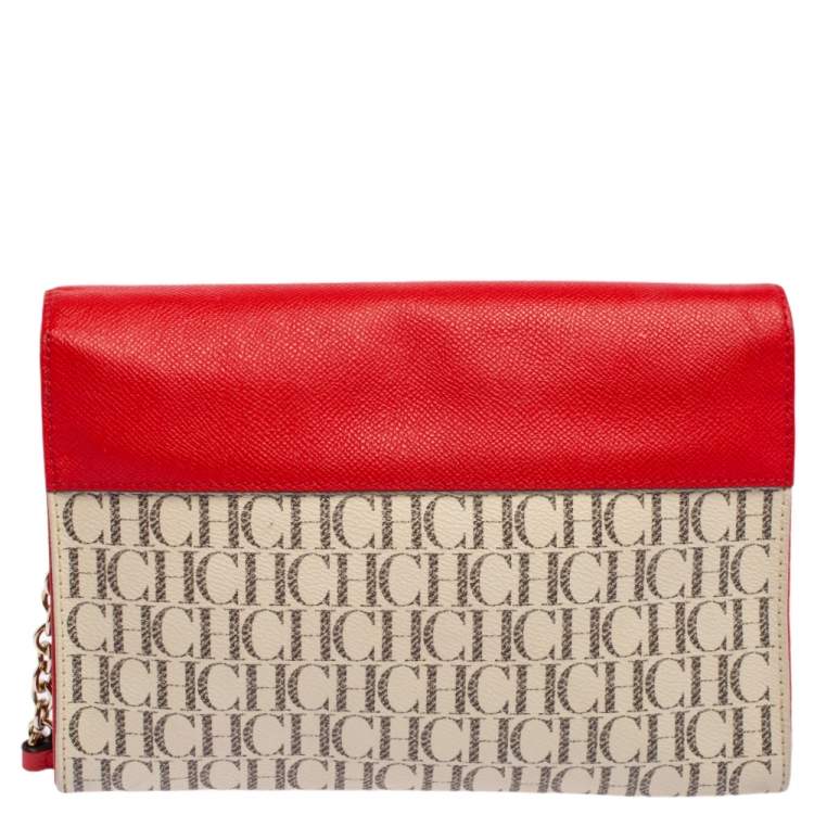 Pre Owned CH Carolina Herrera Red Signature Coated Canvas and Leather Envelope Flap Shoulder Bag
