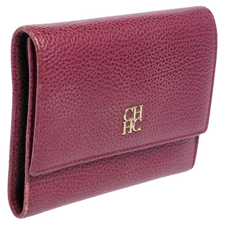 Pre Owned Carolina Herrera Burgundy Grained Leather Trifold Wallet