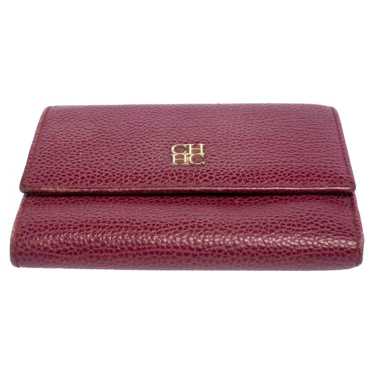 Pre Owned Carolina Herrera Burgundy Grained Leather Trifold Wallet