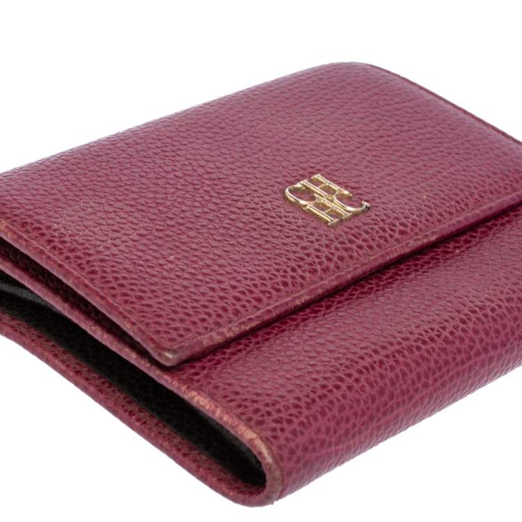 Pre Owned Carolina Herrera Burgundy Grained Leather Trifold Wallet