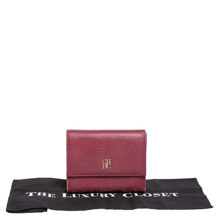 Pre Owned Carolina Herrera Burgundy Grained Leather Trifold Wallet