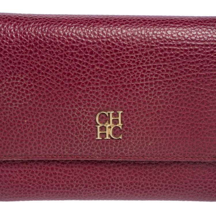Pre Owned Carolina Herrera Burgundy Grained Leather Trifold Wallet