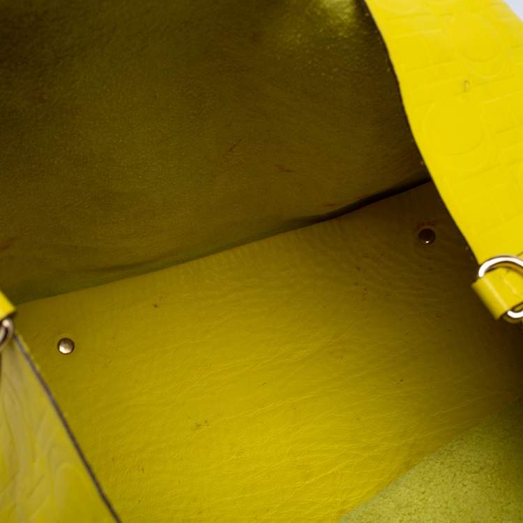 Pre Owned Carolina Herrera Neon Yellow Embossed Leather Matryoshka Tote