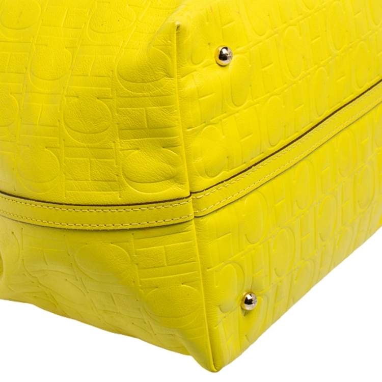 Pre Owned Carolina Herrera Neon Yellow Embossed Leather Matryoshka Tote