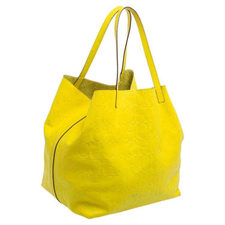 Pre Owned Carolina Herrera Neon Yellow Embossed Leather Matryoshka Tote