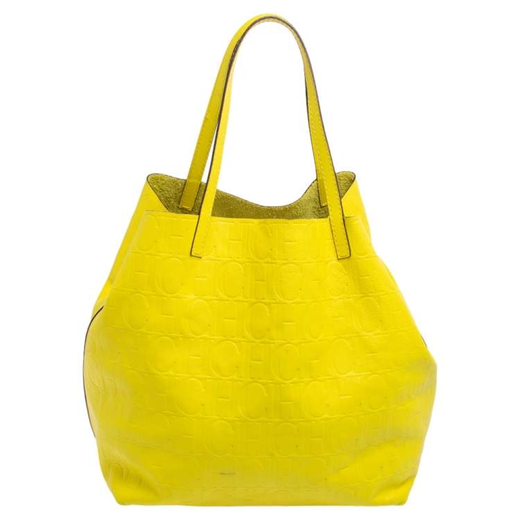 Pre Owned Carolina Herrera Neon Yellow Embossed Leather Matryoshka Tote