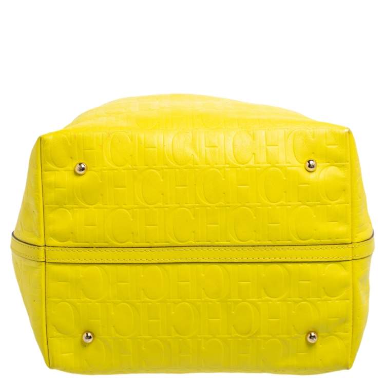 Pre Owned Carolina Herrera Neon Yellow Embossed Leather Matryoshka Tote