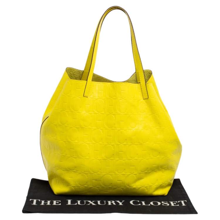 Pre Owned Carolina Herrera Neon Yellow Embossed Leather Matryoshka Tote