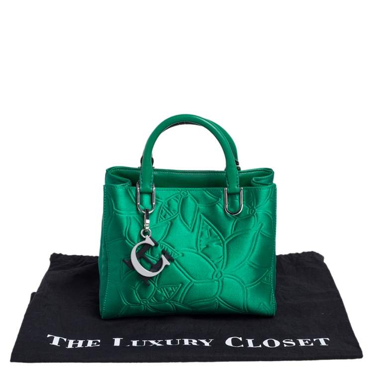 Pre Owned Carolina Herrera Green Floral Embossed Satin Tote