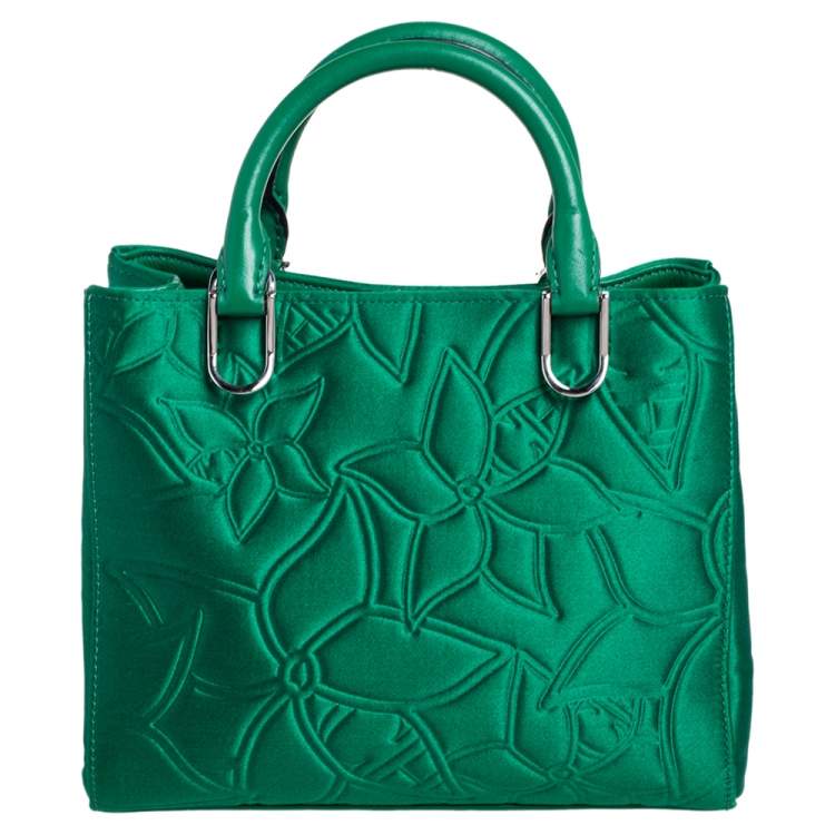 Pre Owned Carolina Herrera Green Floral Embossed Satin Tote