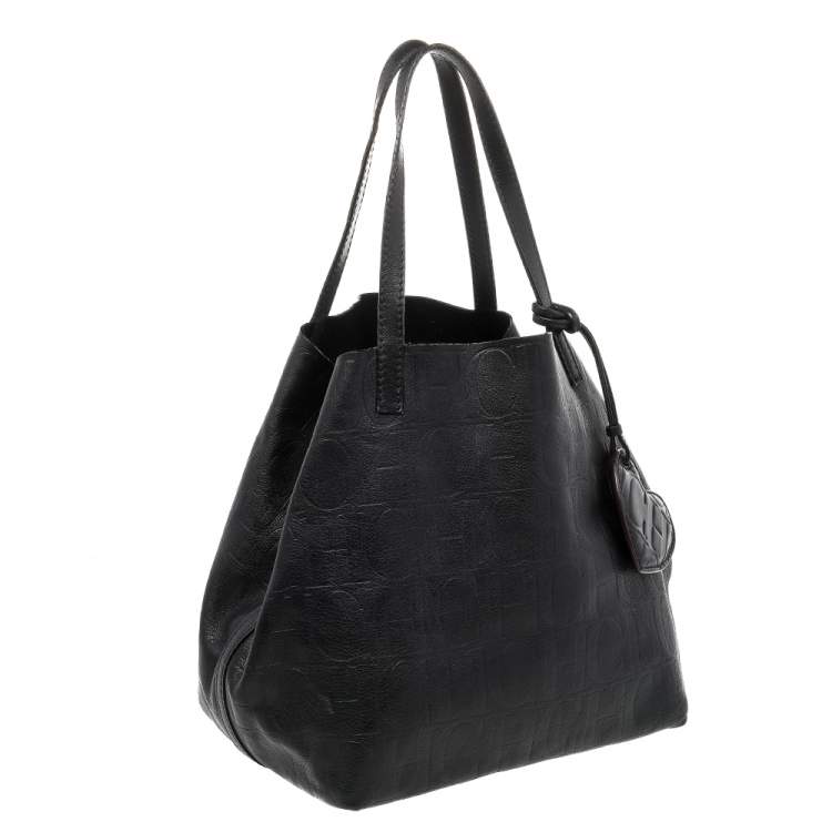 Pre Owned Carolina Herrera Black Monogram Leather Matryoshka Tote