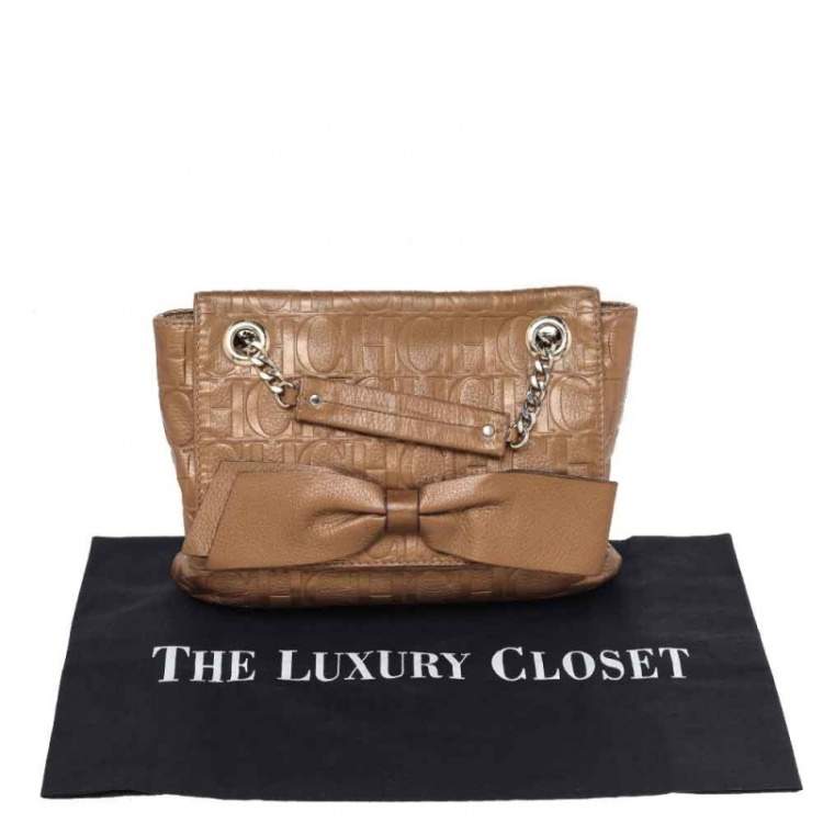 Pre Owned Carolina Herrera Gold Monogram Leather Audrey Shoulder Bag