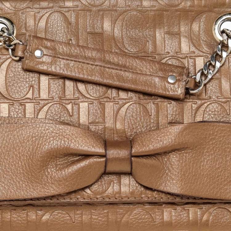 Pre Owned Carolina Herrera Gold Monogram Leather Audrey Shoulder Bag