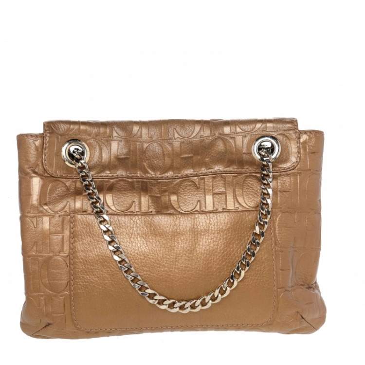 Pre Owned Carolina Herrera Gold Monogram Leather Audrey Shoulder Bag