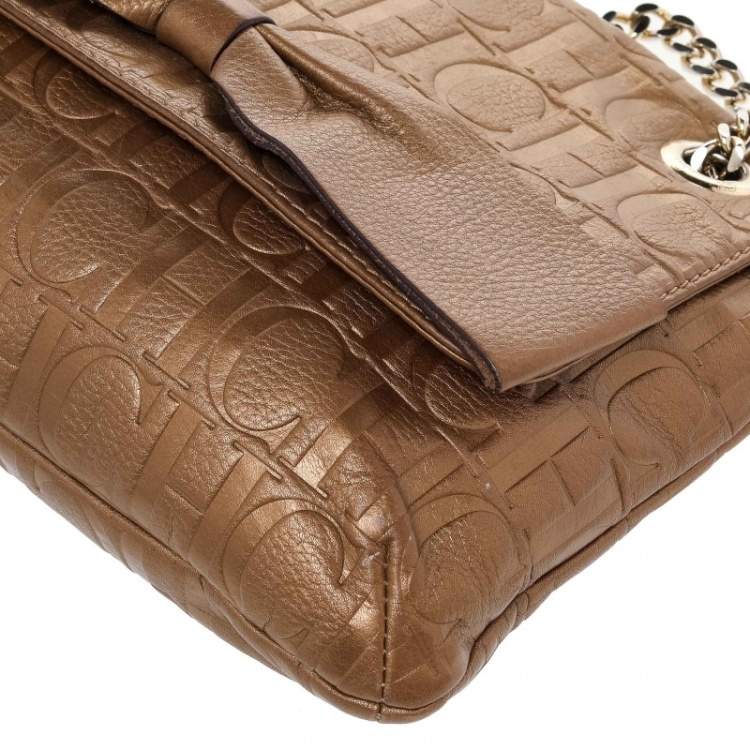 Pre Owned Carolina Herrera Gold Monogram Leather Audrey Shoulder Bag