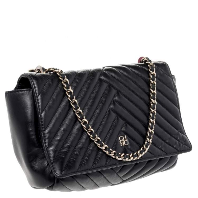 Pre Owned Carolina Herrera Black Quilted Leather Flap Shoulder Bag