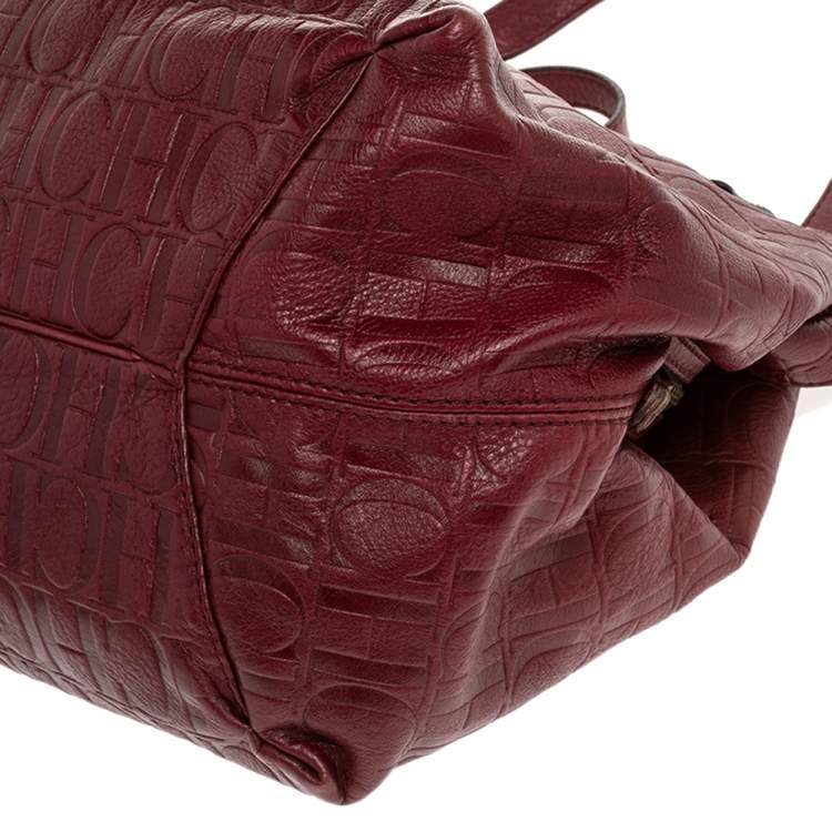 Pre Owned Carolina Herrera Burgundy Monogram Embossed Leather Middle Zip Satchel
