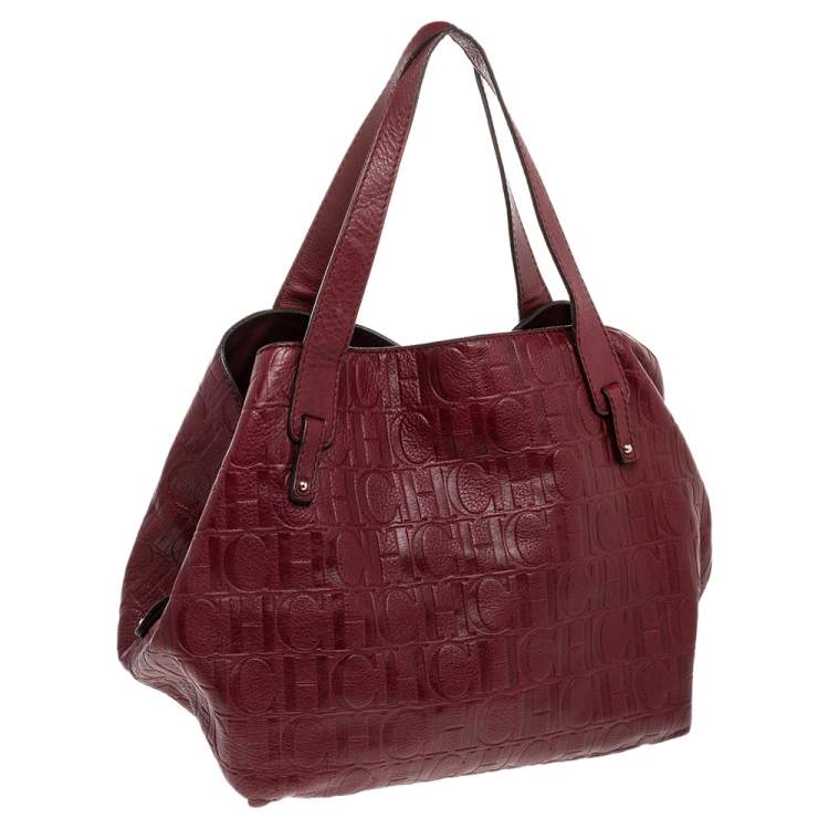 Pre Owned Carolina Herrera Burgundy Monogram Embossed Leather Middle Zip Satchel