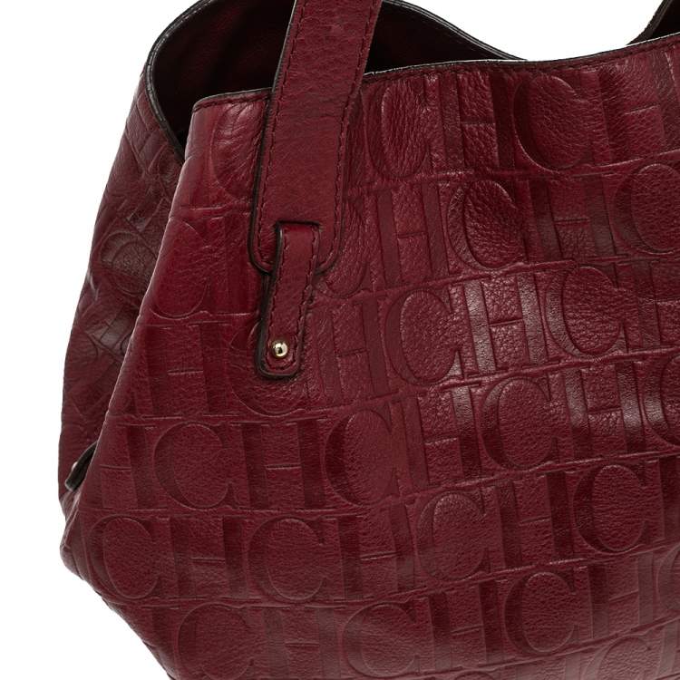 Pre Owned Carolina Herrera Burgundy Monogram Embossed Leather Middle Zip Satchel