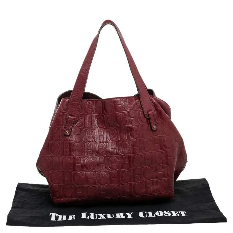 Pre Owned Carolina Herrera Burgundy Monogram Embossed Leather Middle Zip Satchel