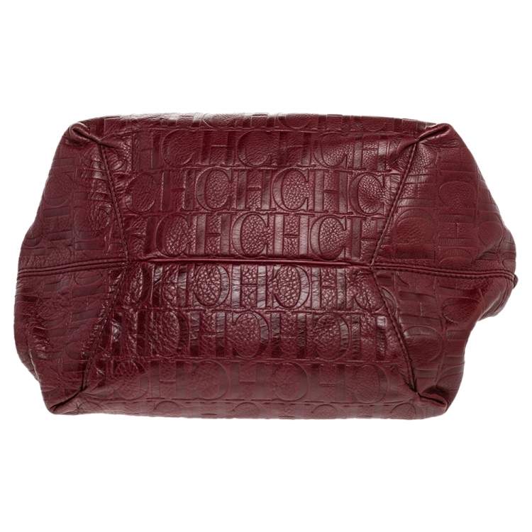 Pre Owned Carolina Herrera Burgundy Monogram Embossed Leather Middle Zip Satchel