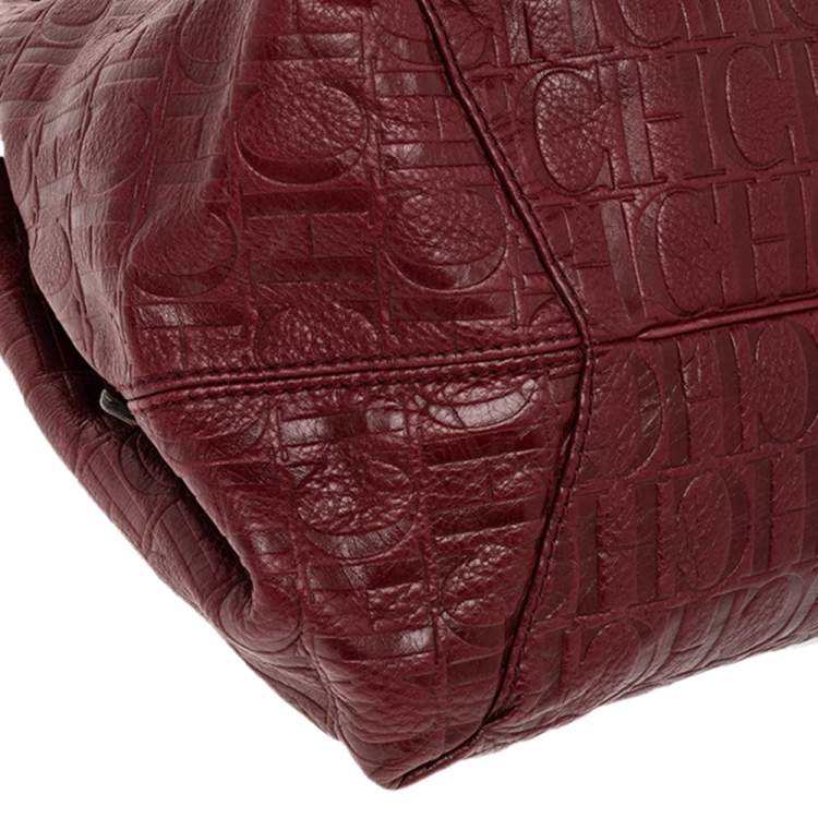 Pre Owned Carolina Herrera Burgundy Monogram Embossed Leather Middle Zip Satchel