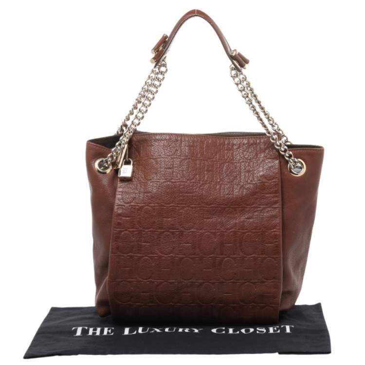 Pre Owned Carolina Herrera Brown Monogram Leather Chain Tote