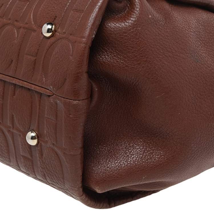 Pre Owned Carolina Herrera Brown Monogram Leather Chain Tote