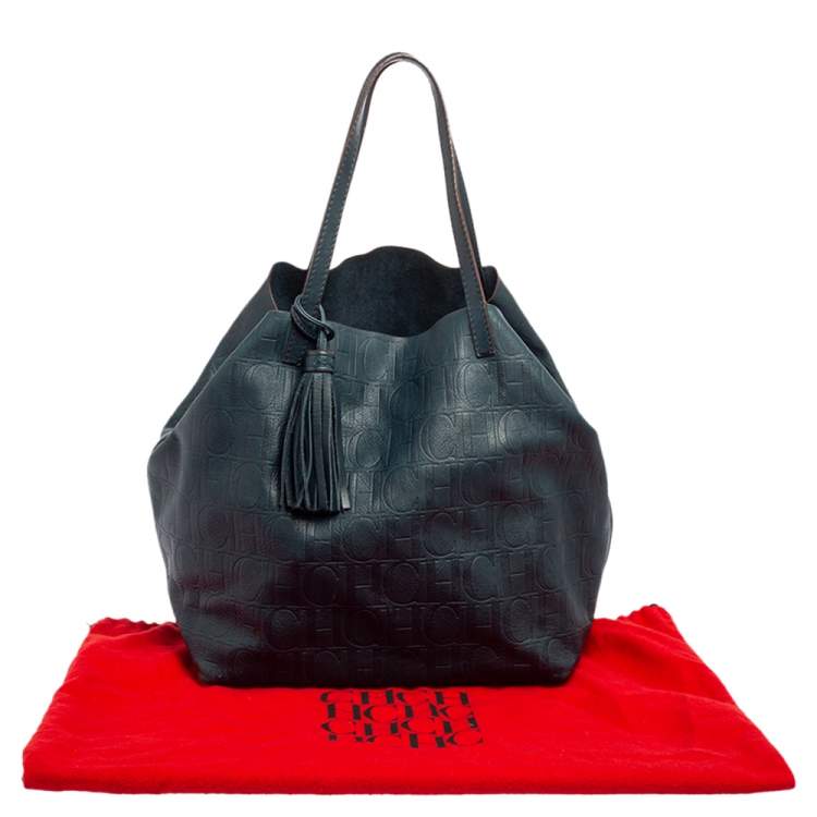 Pre Owned Carolina Herrera Teal Green Monogram Leather Matryoshka Tote